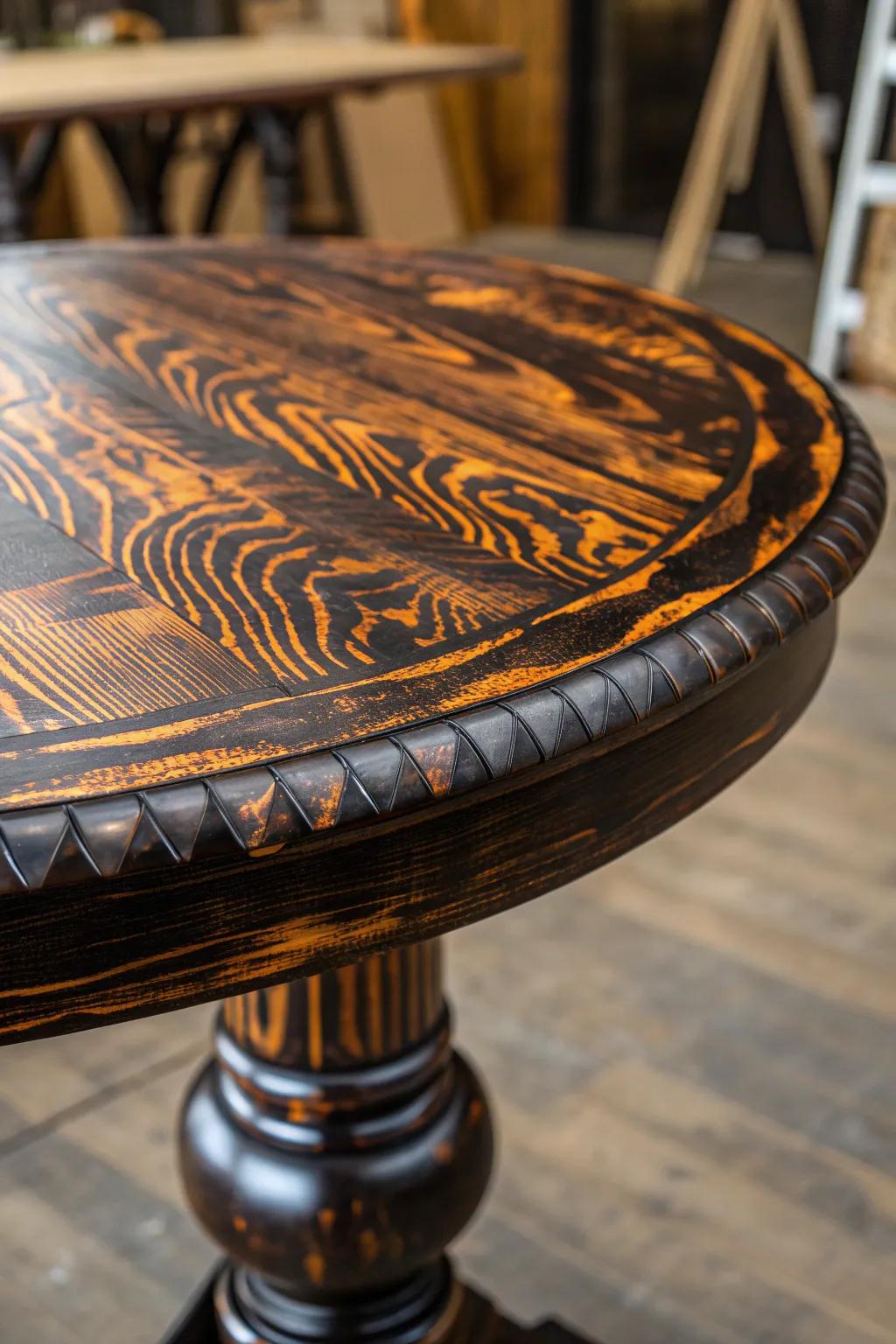Elevate your space with the bold elegance of a burnt wood tabletop—where craftsmanship meets art.