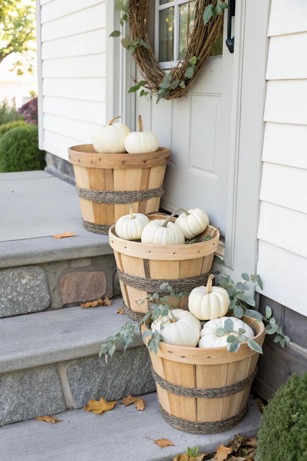 Front-step bushel basket cluster with white pumpkins—simple, cozy porch styling in minutes.