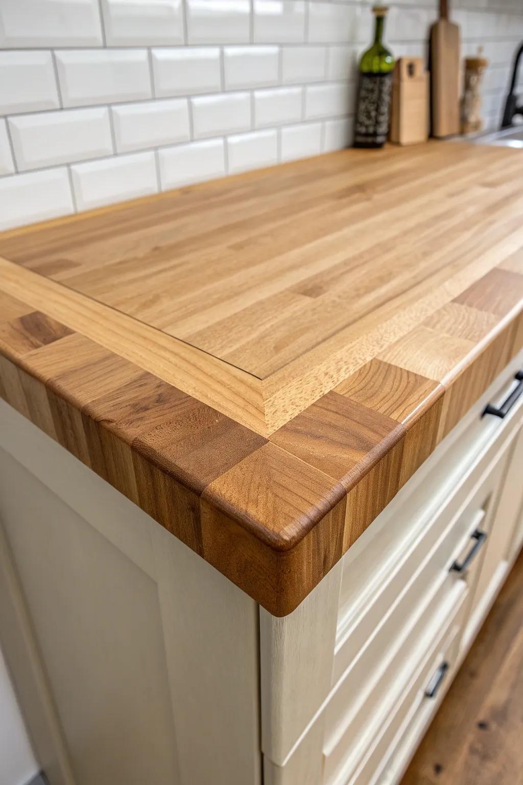 A seamless mitered butcher block corner that makes an L-shaped bar read like one slab.