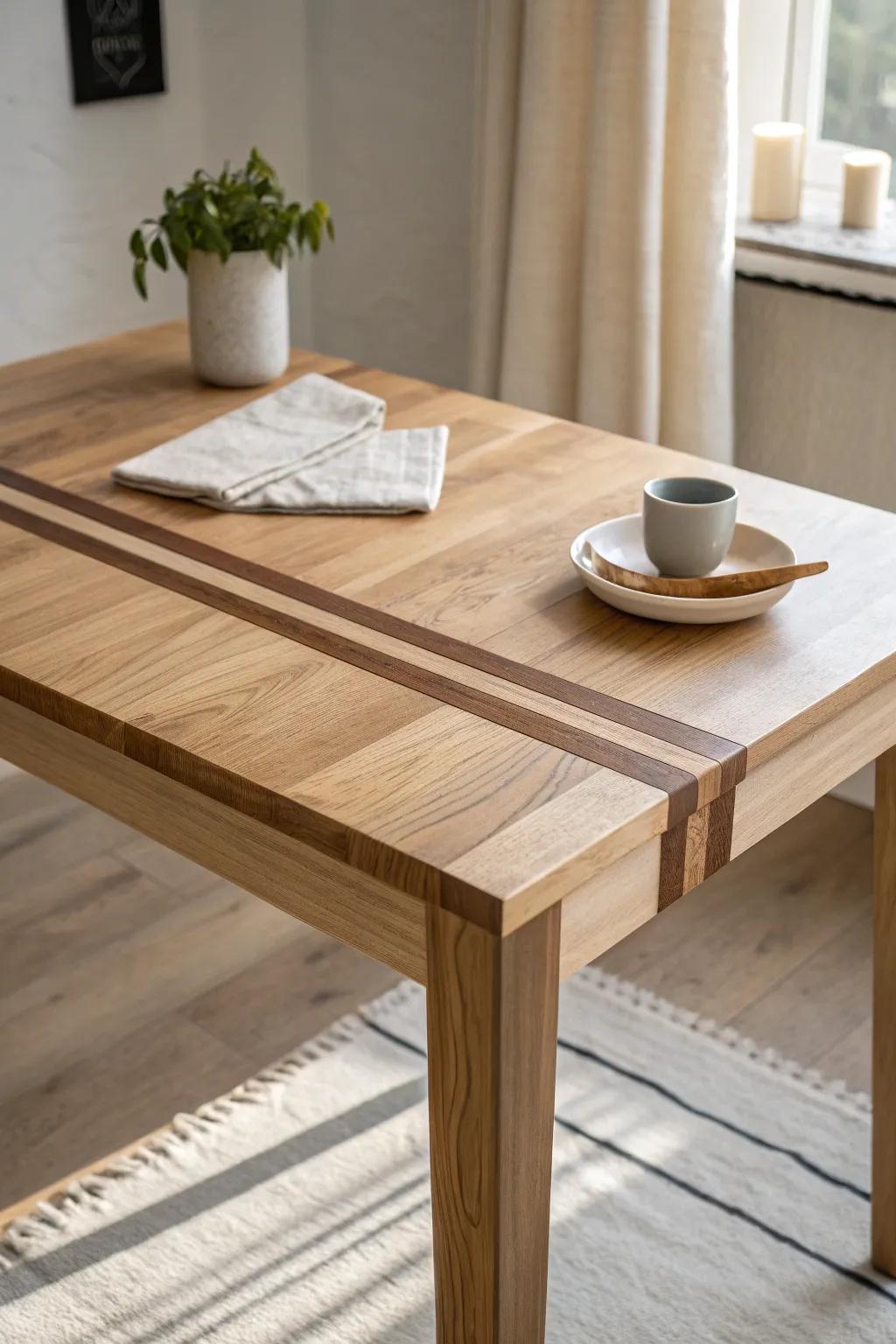 A sleek edge-grain butcher block top with a thin walnut stripe for designer-level contrast.