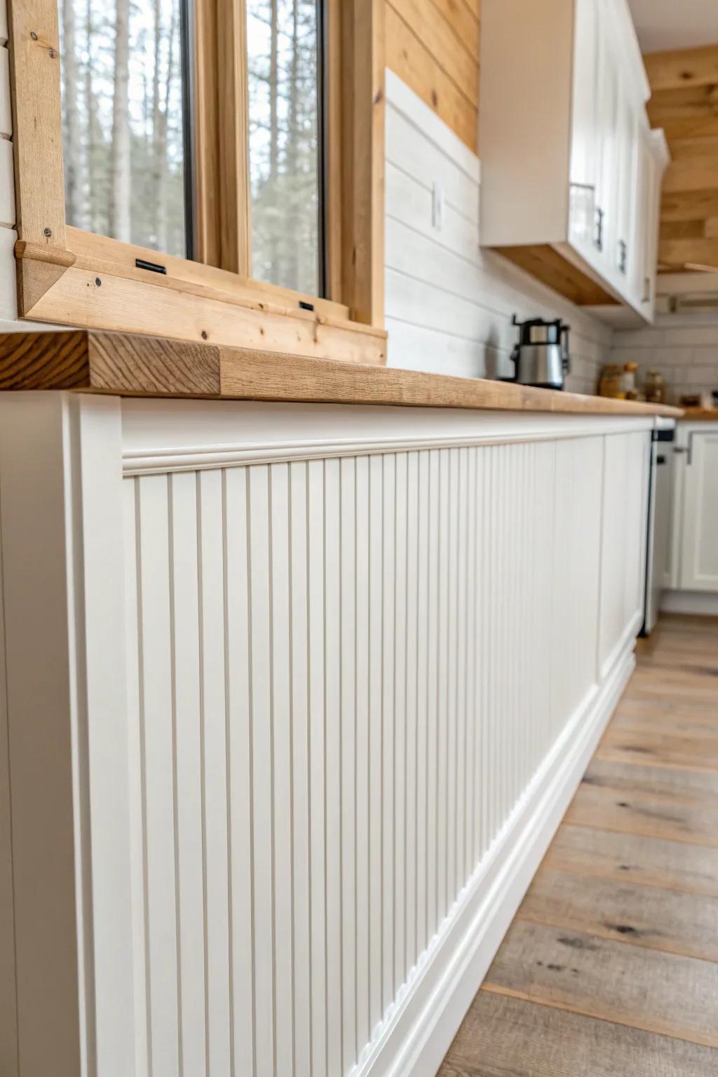 Sealed beadboard backsplash: cottage-cabin charm that wipes clean and glows in soft daylight.