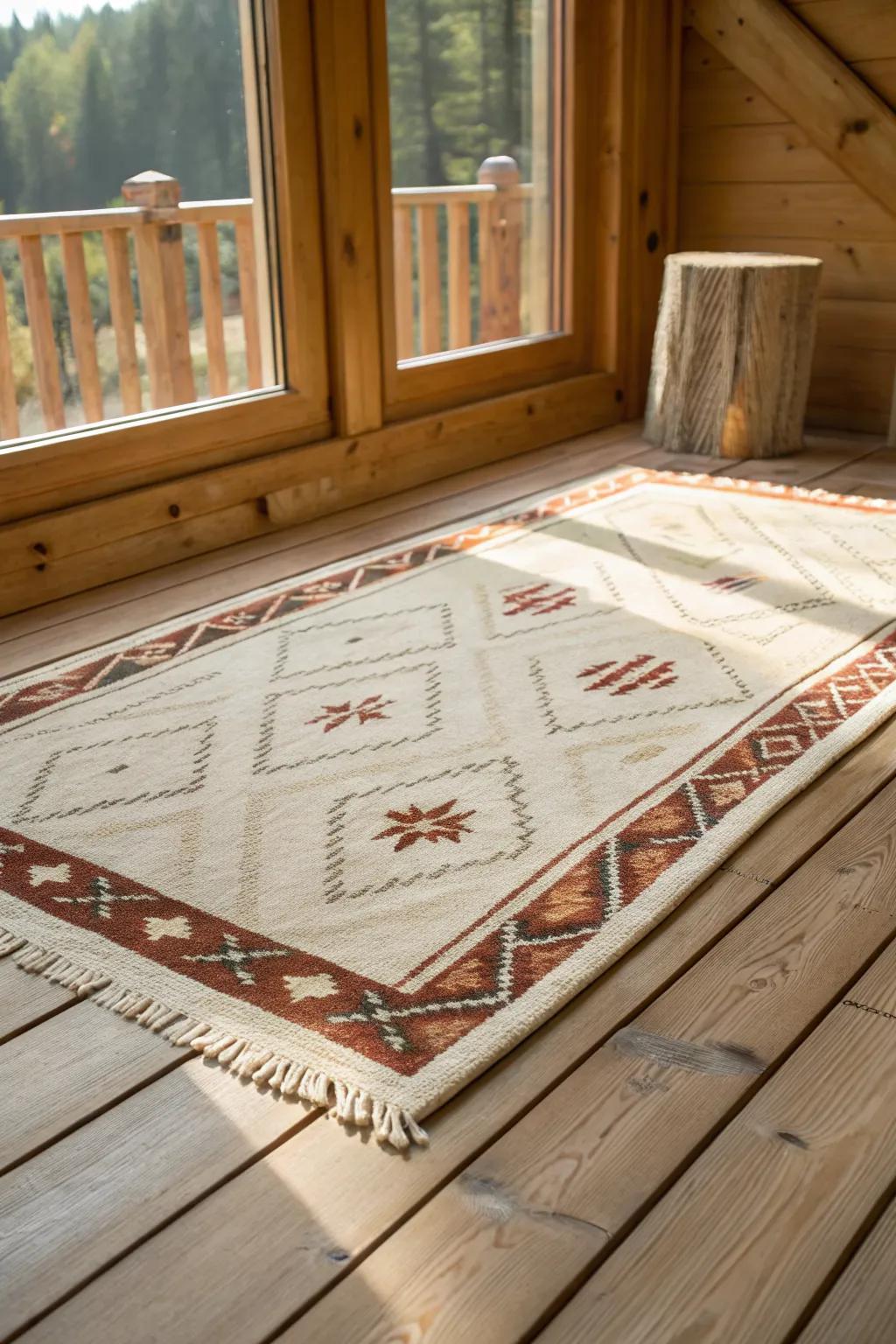 Seamless wood floors, softened by layered rugs—cozy zones without breaking the flow.