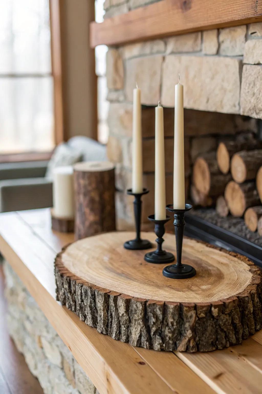 Rugged iron candlesticks on a thick wood slice—minimal cabin mantel warmth with contrast.
