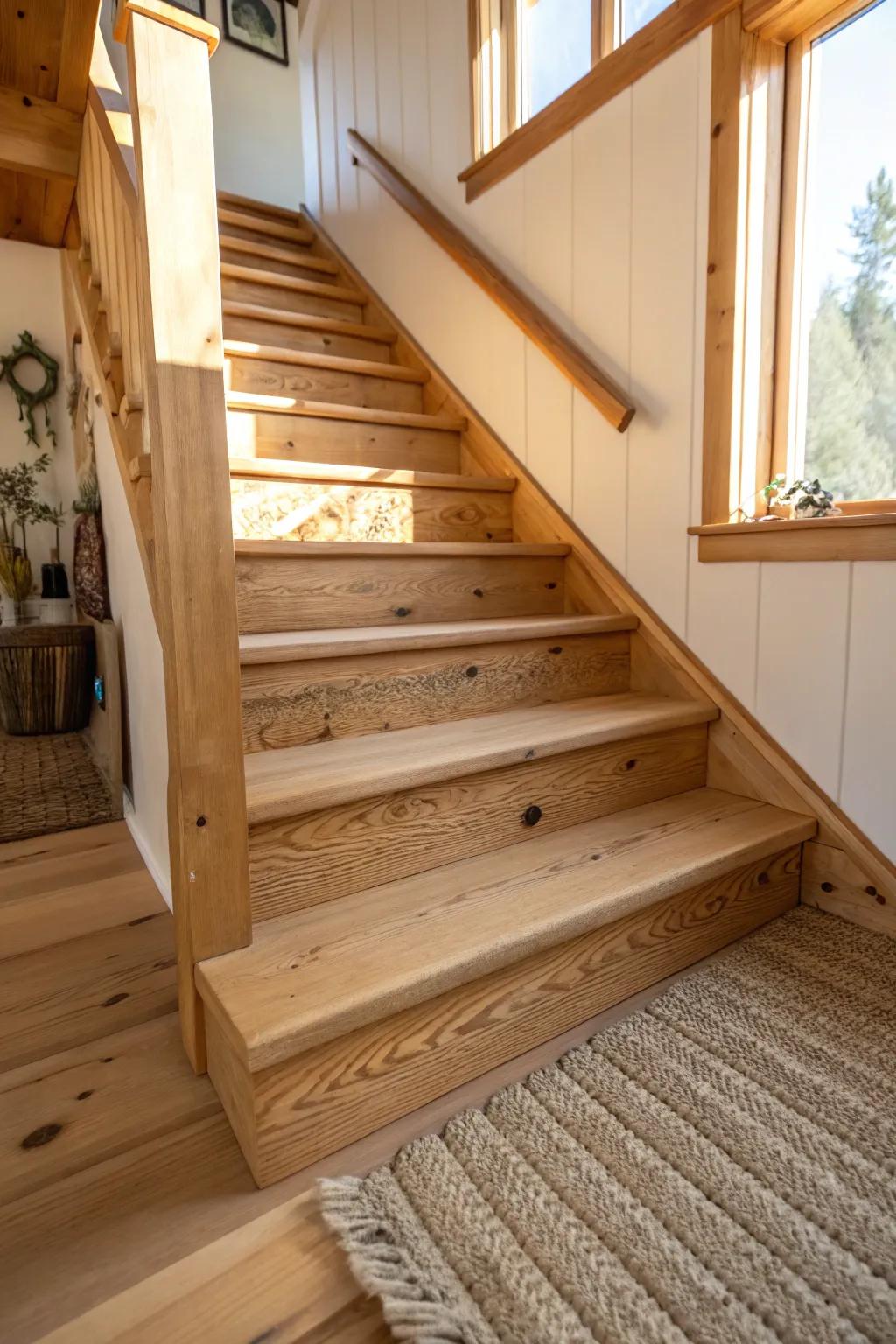 Extra-deep stair treads make cabin steps feel cozy, stable, and sock-friendly underfoot.