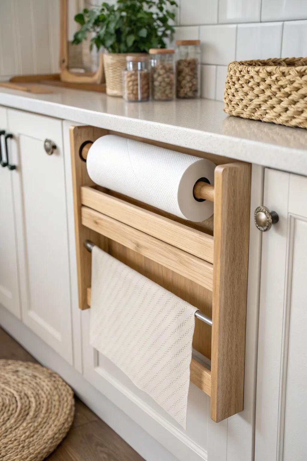 A simple dowel cradle on the cabinet door keeps foil and wrap rolling smooth and tidy.