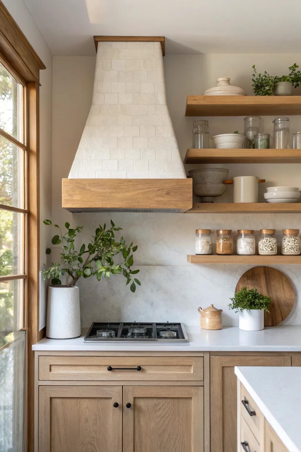 A slim-shelf hood gives just enough space for salt, spices, and a tiny plant—so pretty.