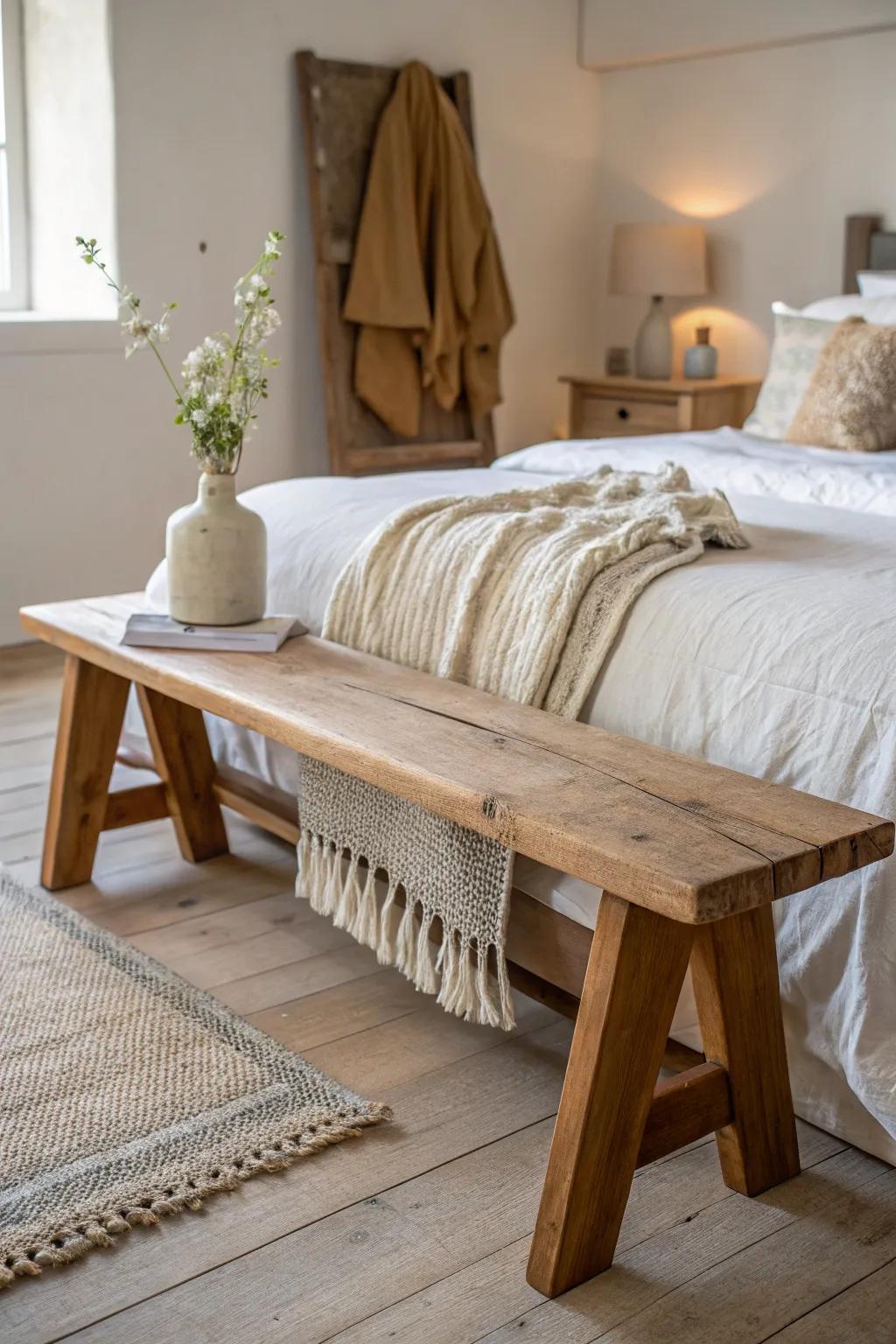 A simple reclaimed-wood bench grounds a diagonal bed and adds an easy spot for throws.