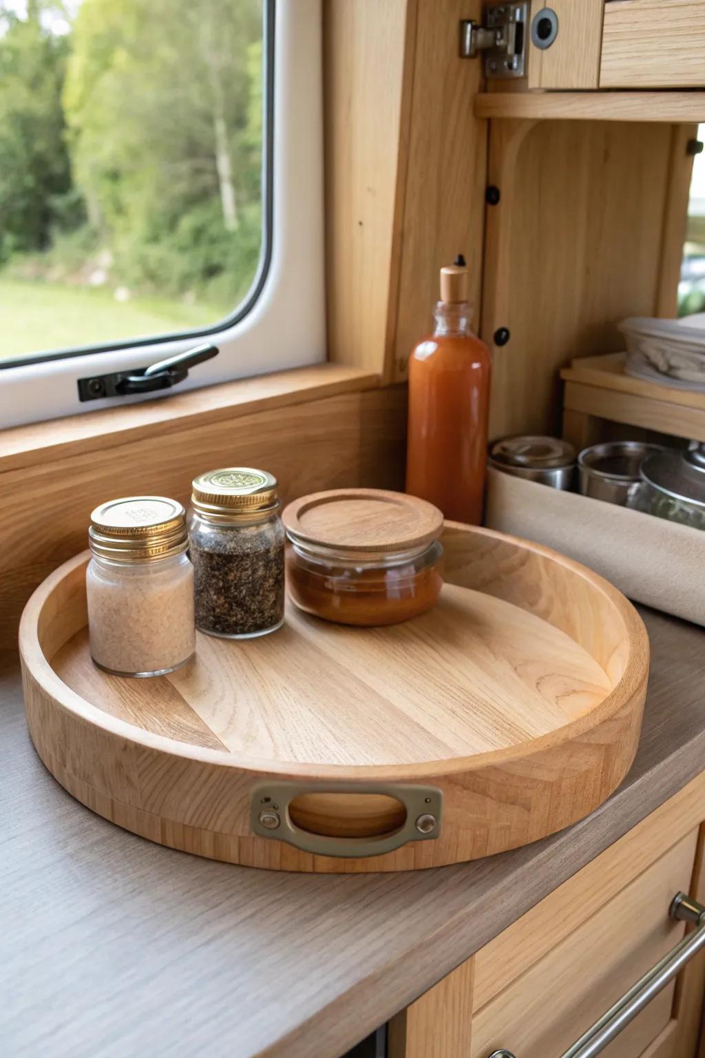 A simple wooden lazy Susan keeps deep camper corner cabinets organized and easy to reach.