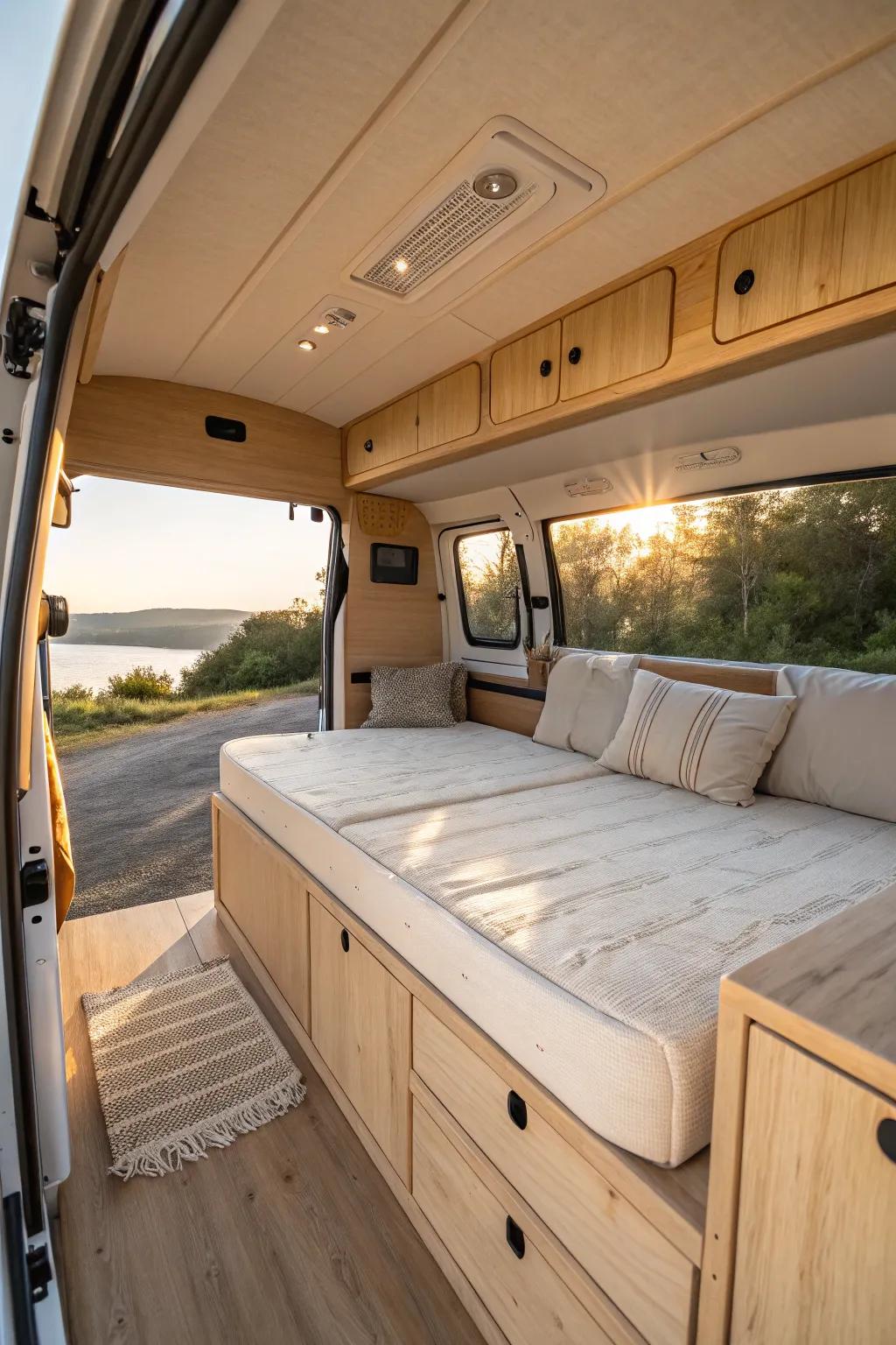 U-shaped van lounge becomes a mega bed with a hidden fill panel—minimal, warm, handcrafted.