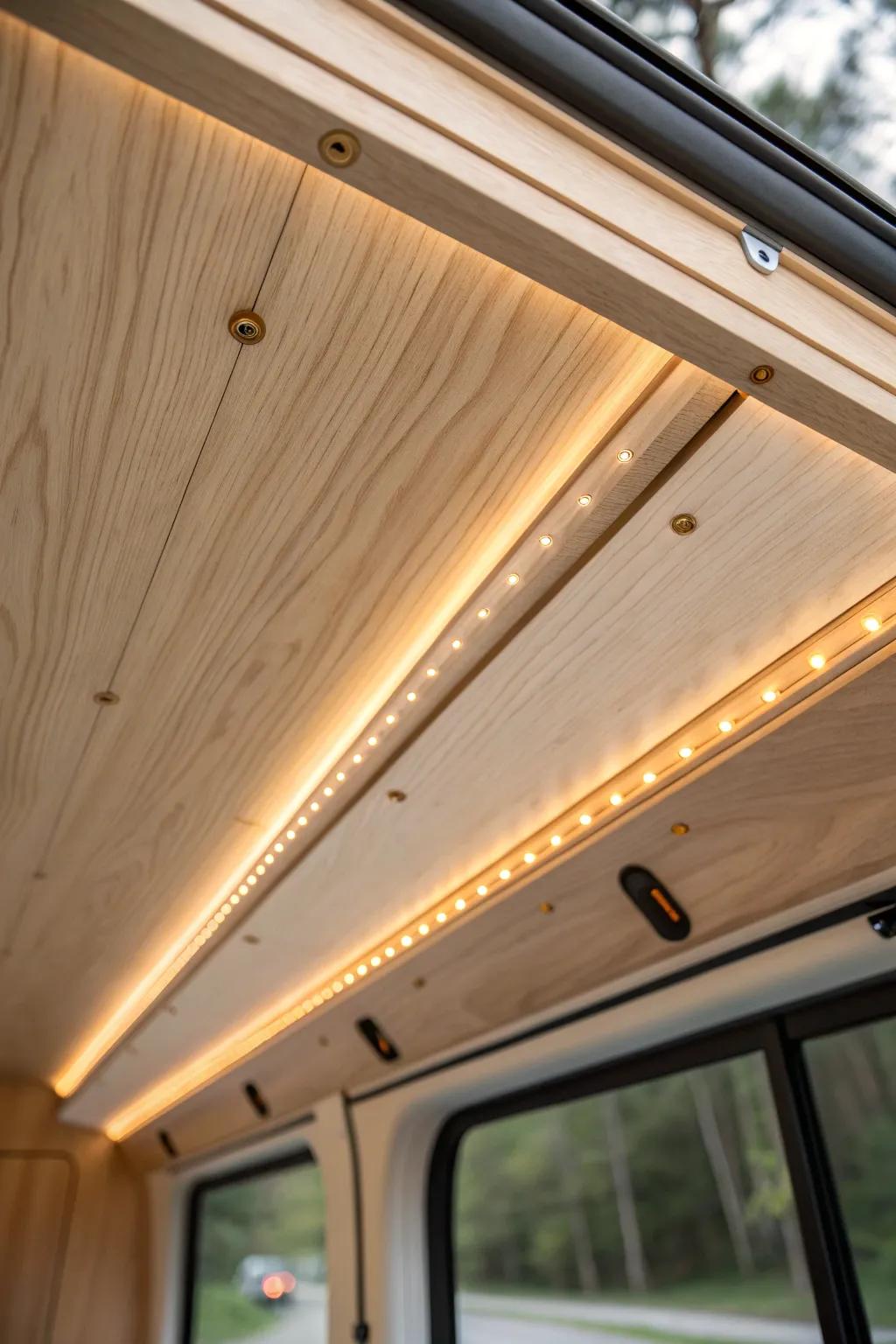 Built-in glow: a hidden LED strip channel routed into birch for a clean campervan ceiling.