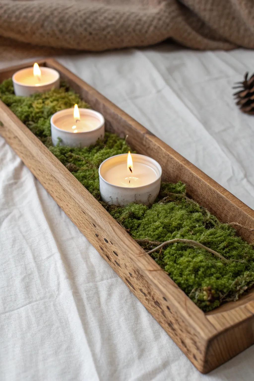 Reclaimed wood tray + moss bed: minimal candle glow with an inviting forest-floor vibe.