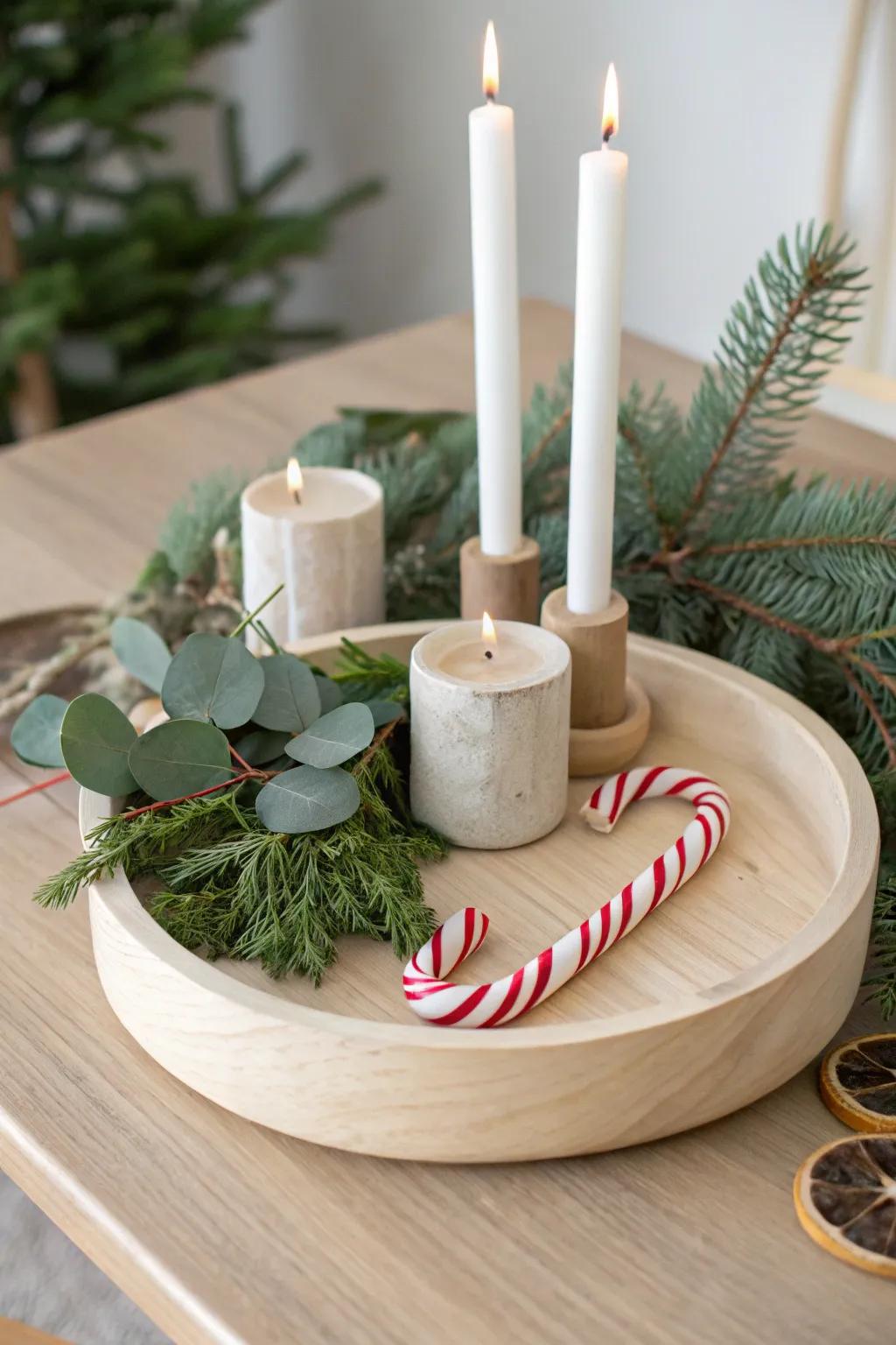 Minimal wooden tray with greenery, candles, and one oversized candy cane accent.