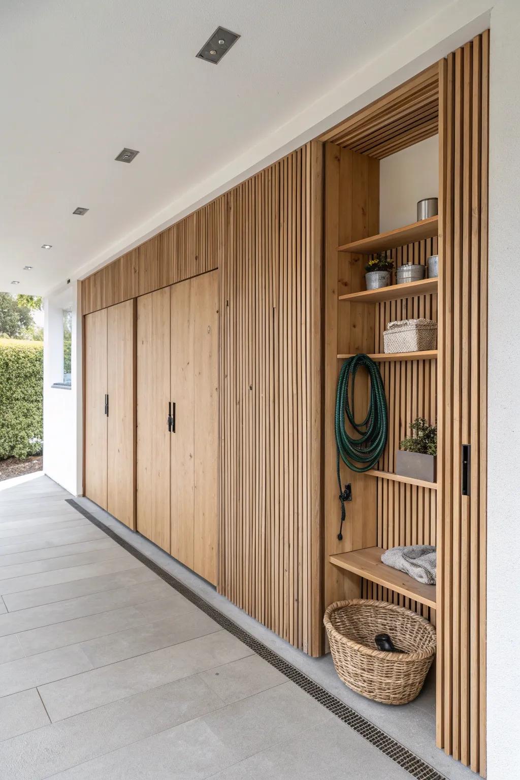Slim built-in carport storage wall—hidden bays and flush doors for clutter-free parking.