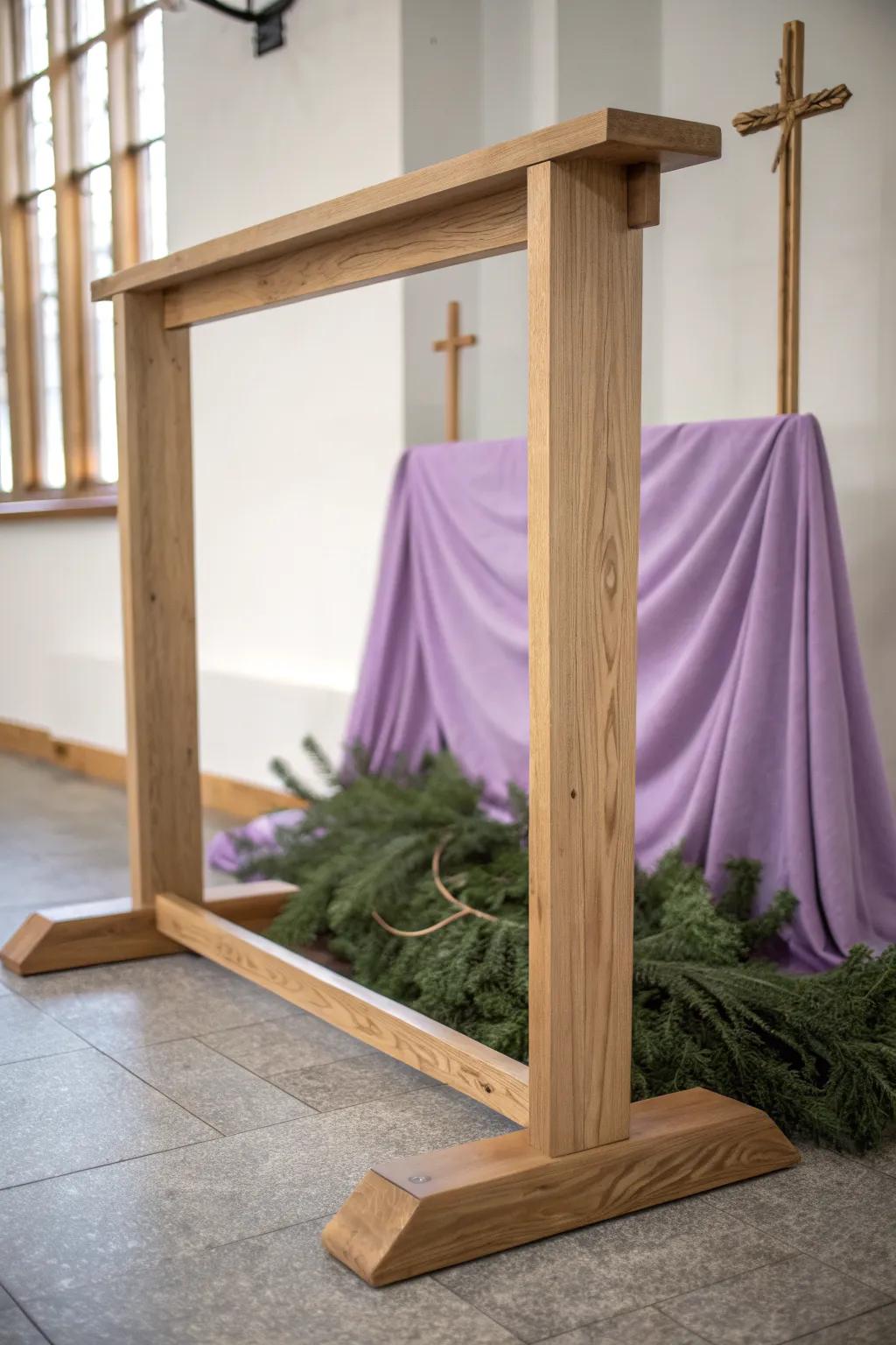 A violet fabric waterfall drape on a simple wooden frame adds Advent altar height, softly.