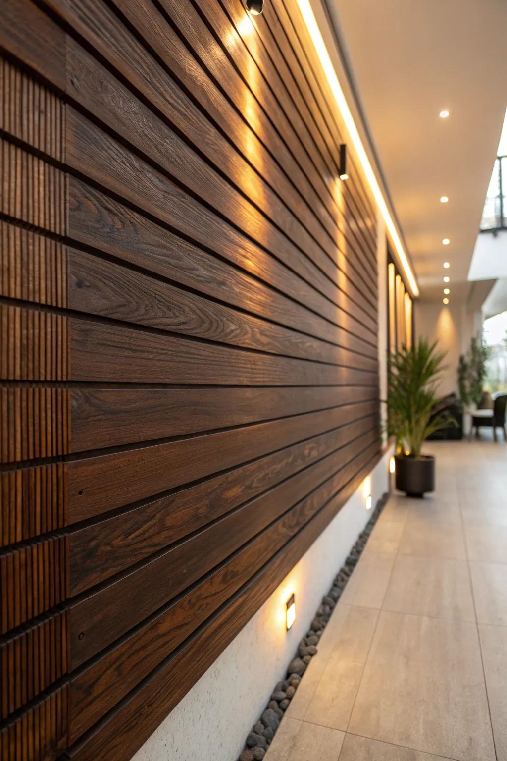 Dark-stained cedar slats with a warm glow—cozy, dramatic, and the grain still looks velvety.