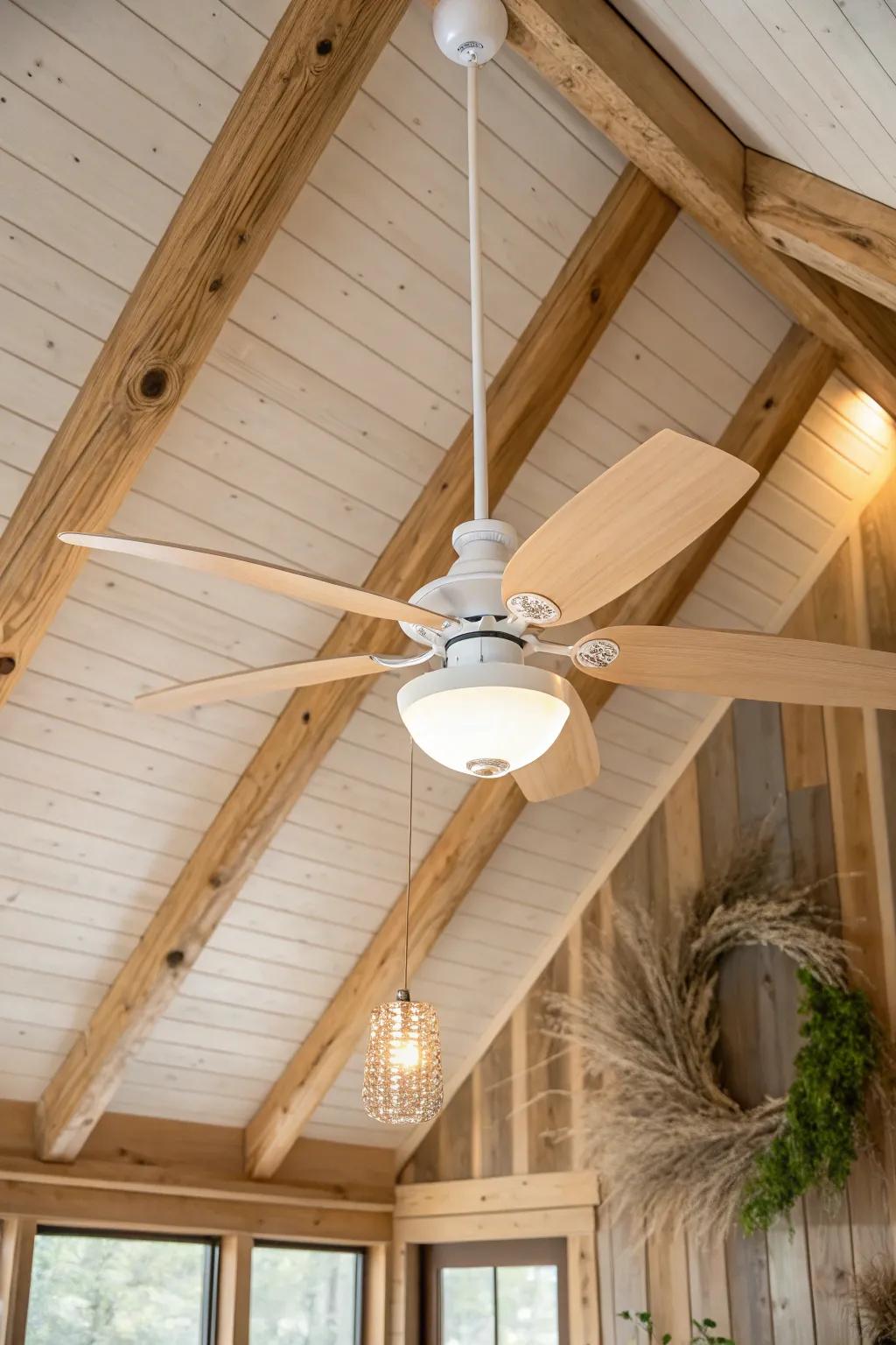 Vaulted log cabin glow: a sleek ceiling fan with light kit for airflow and warmth.