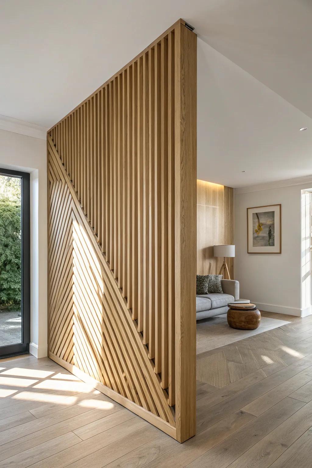 Angled oak slat partition from floor to ceiling—softly guiding flow with warm, modern contrast.