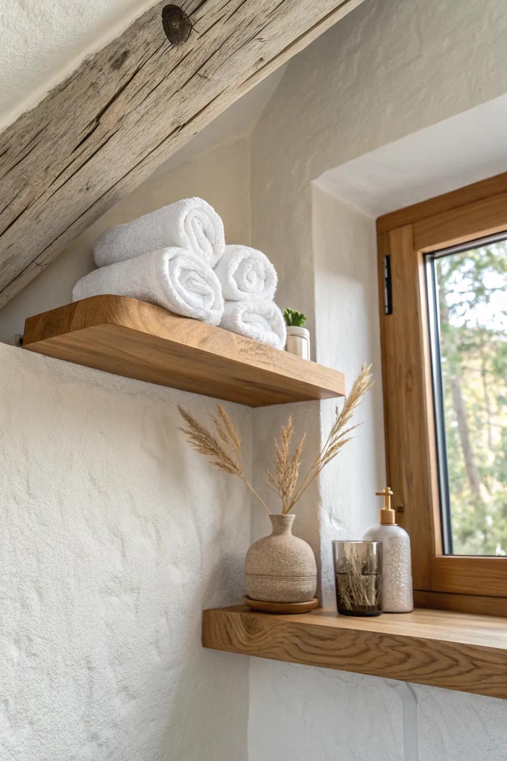 Seal-smart ceiling corner shelves: extra towel storage that keeps tiny bathrooms airy.