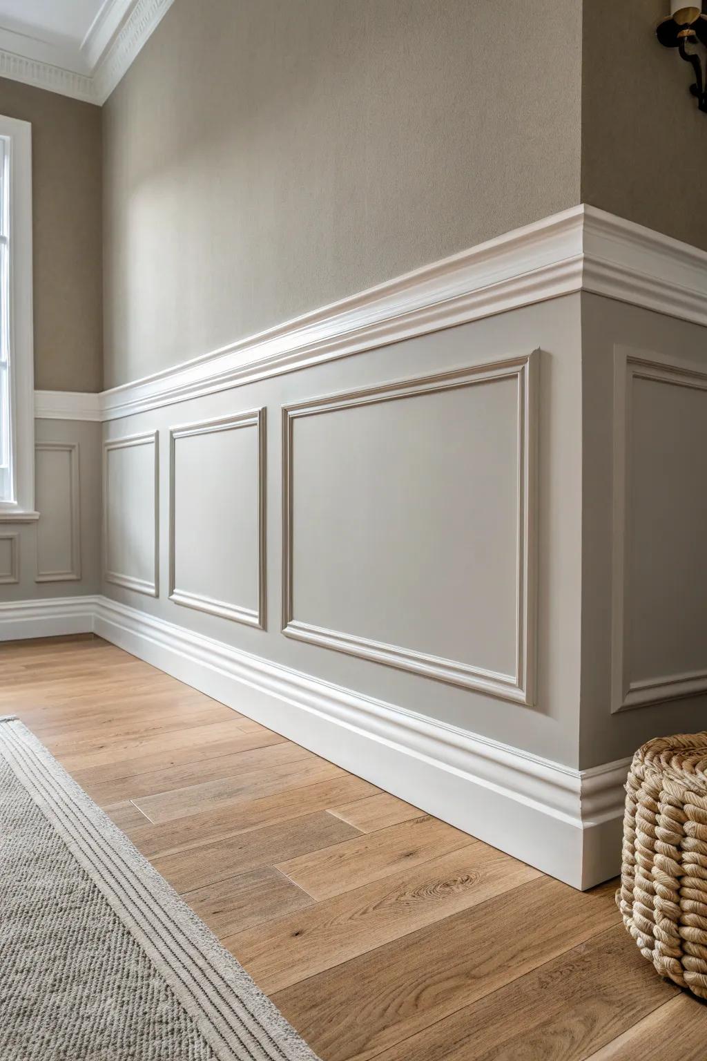 Monochrome chair rail + wall color for a soft shadow-line that adds depth without clutter.