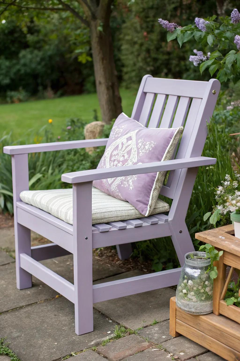 Transform your patio into a serene retreat with soft lavender chalk paint—where simplicity meets elegance.