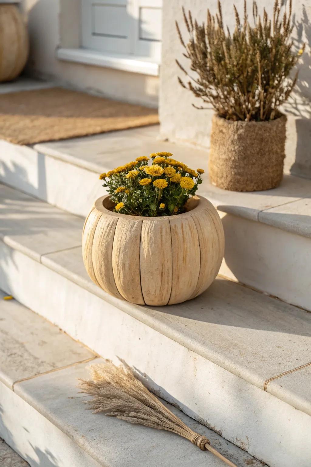Wooden pumpkin planter with a golden mum insert—simple, cozy fall porch decor on a budget.