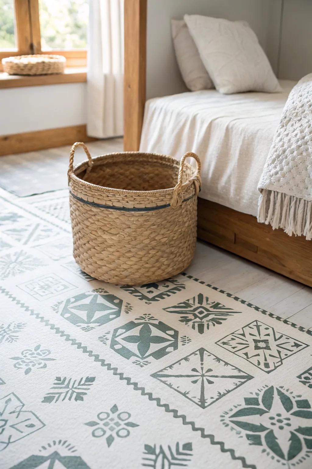 Budget bedroom upgrade: painted floor with a stenciled tile pattern for instant charm.