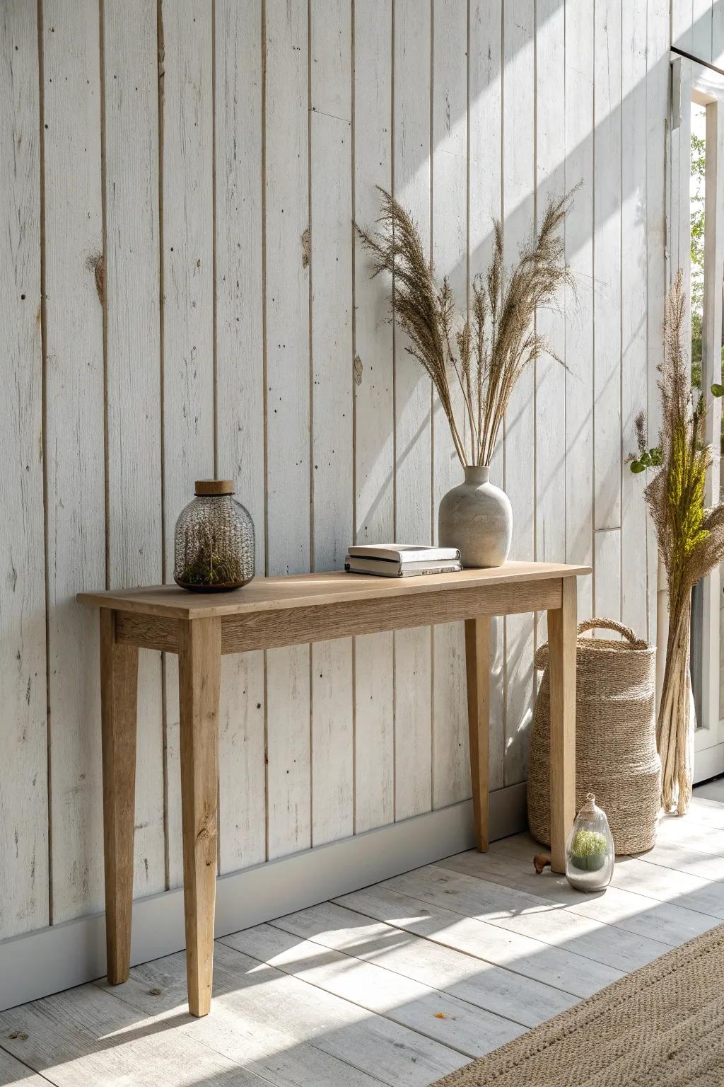 Whitewashed plank accent wall—budget-friendly, bright, and still lets the wood grain shine.