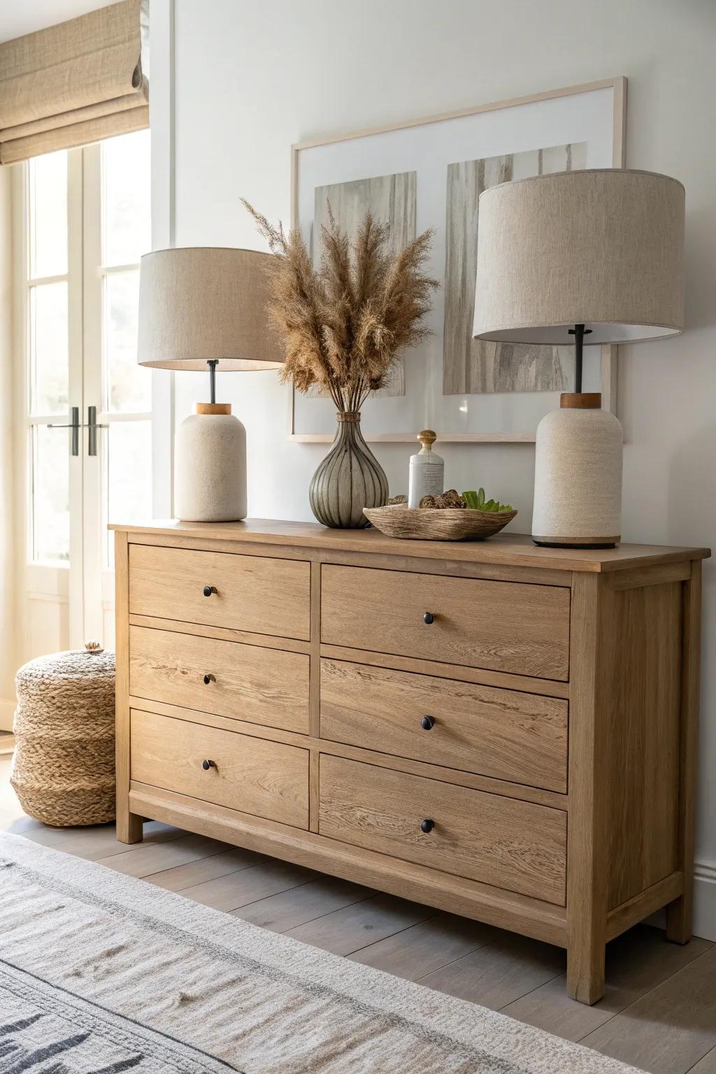 Symmetry on a wide chest—matching lamps make the whole room feel instantly polished.
