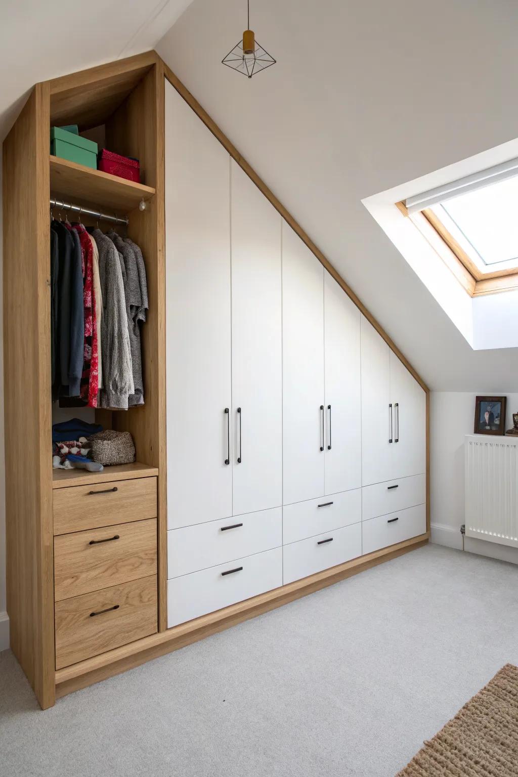 Stepped under-eaves wardrobe in light oak—drawers below, hanging space above, zero wasted space.
