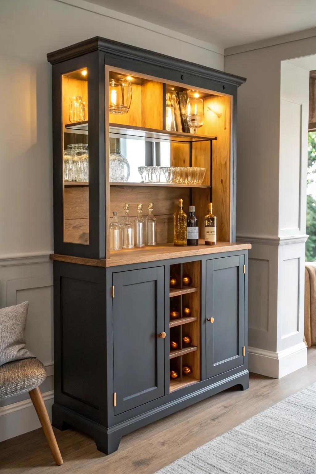Mirror-back china cabinet bar that turns bottles into warm, glowing highlights—moody yet minimal.