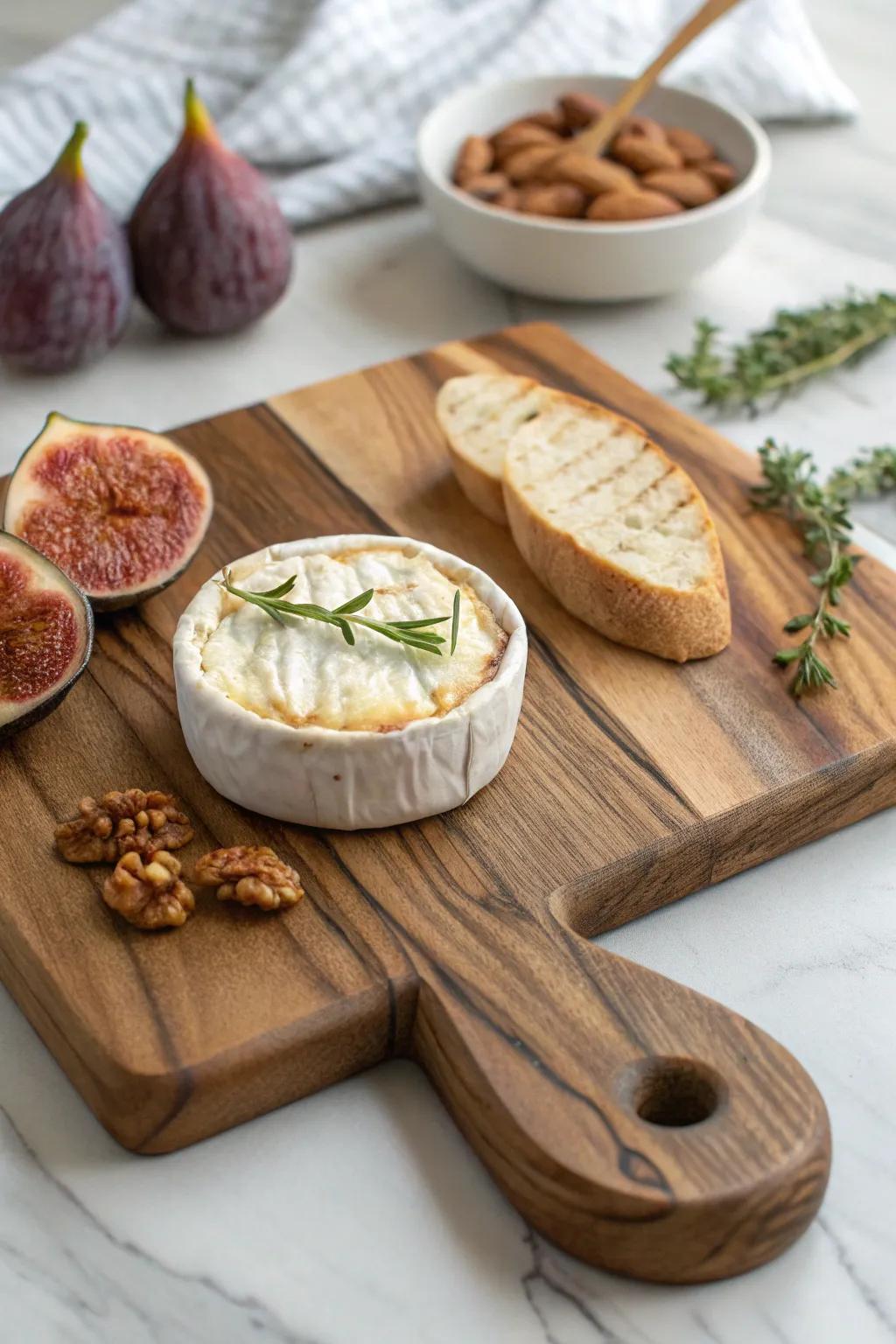 Baked brie “hearth” board on a thick walnut slab—cozy, minimalist, and Christmas-ready.