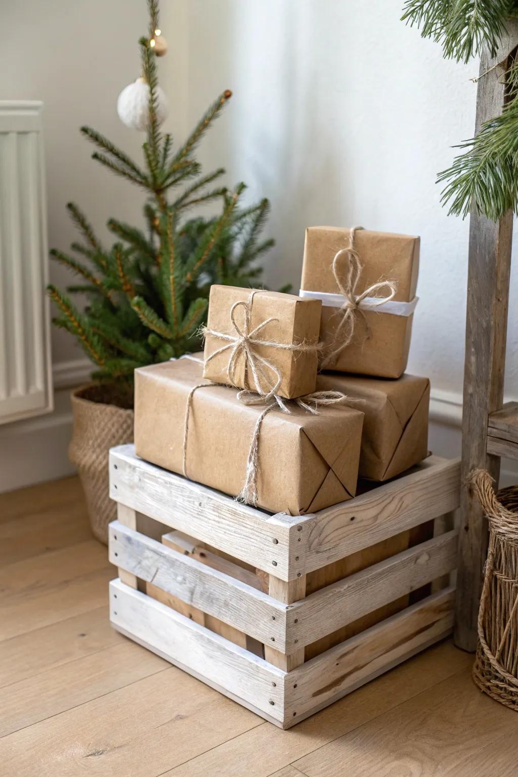 Fill a wooden crate with kraft-wrapped gifts, twine, and greenery for cozy Christmas charm.