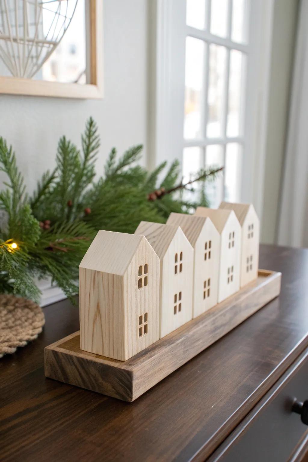 Handmade wooden house village centerpiece—simple, cozy Christmas charm for a minimalist entry table.