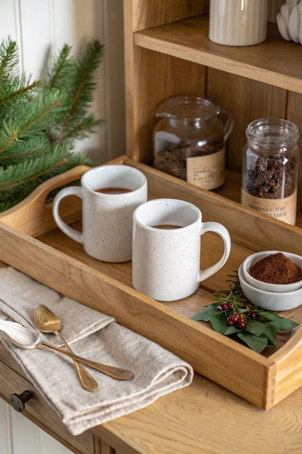A cozy tray vignette: cocoa mugs, fresh greens, and warm wood for a calm Christmas hutch.