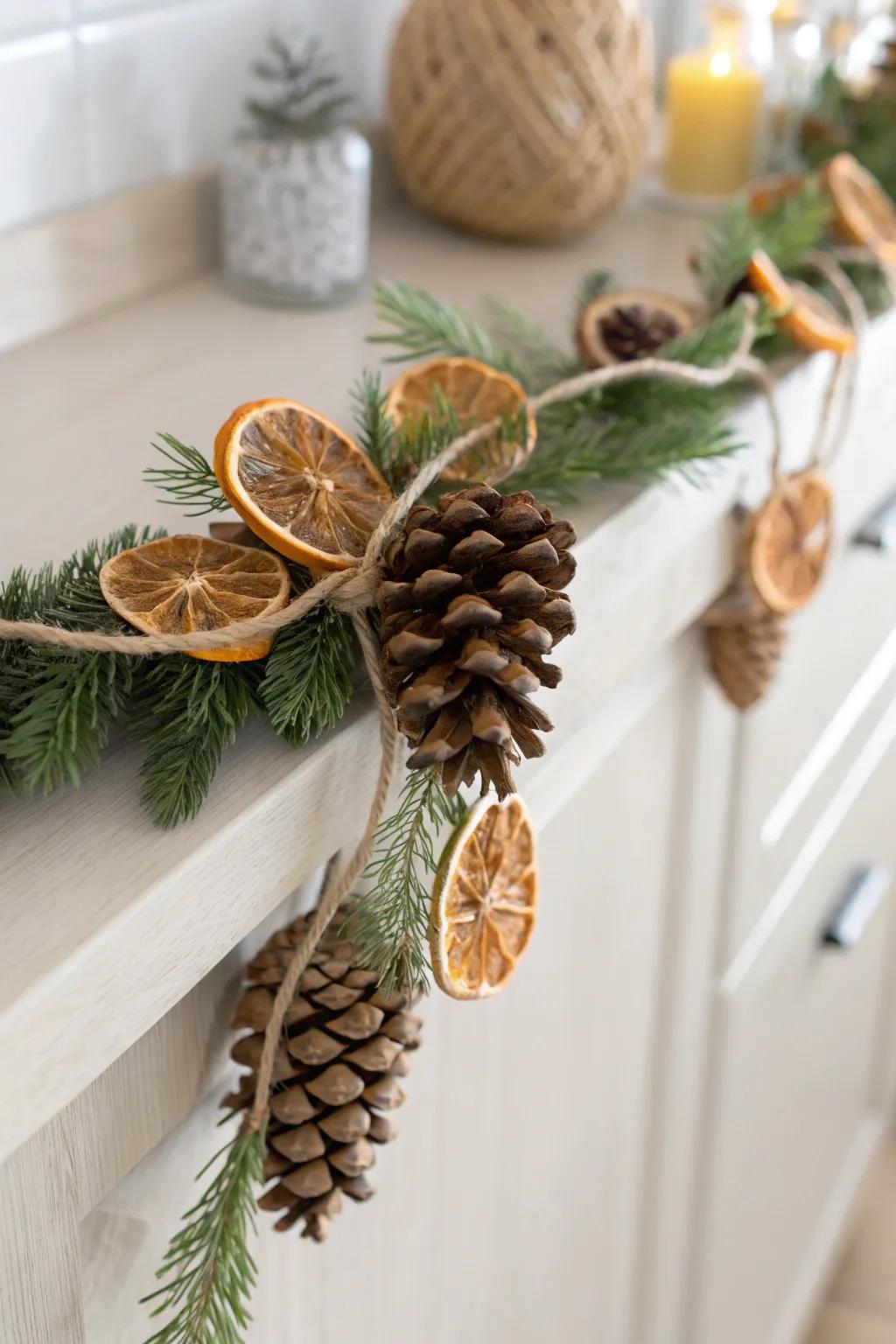 Pinecones and dried orange slices for a simple sideboard garland that smells like Christmas.