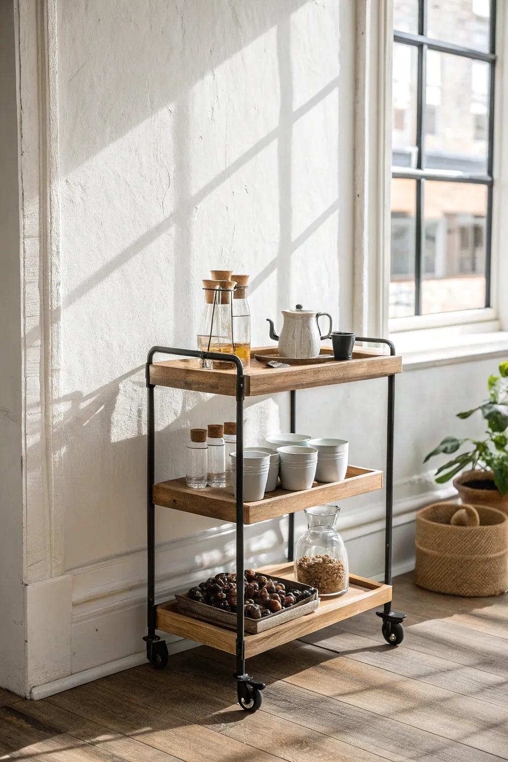 Two small coffee stations cut the line—duplicate the basics on a second mini wood bar.