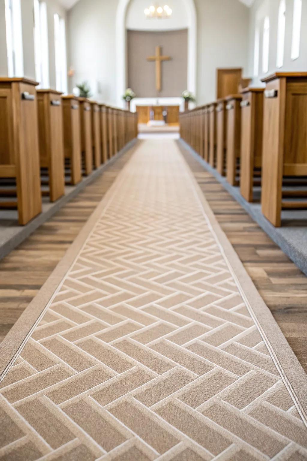 Chevron carpet planks guide the aisle forward—quiet pattern, modern sanctuary warmth.