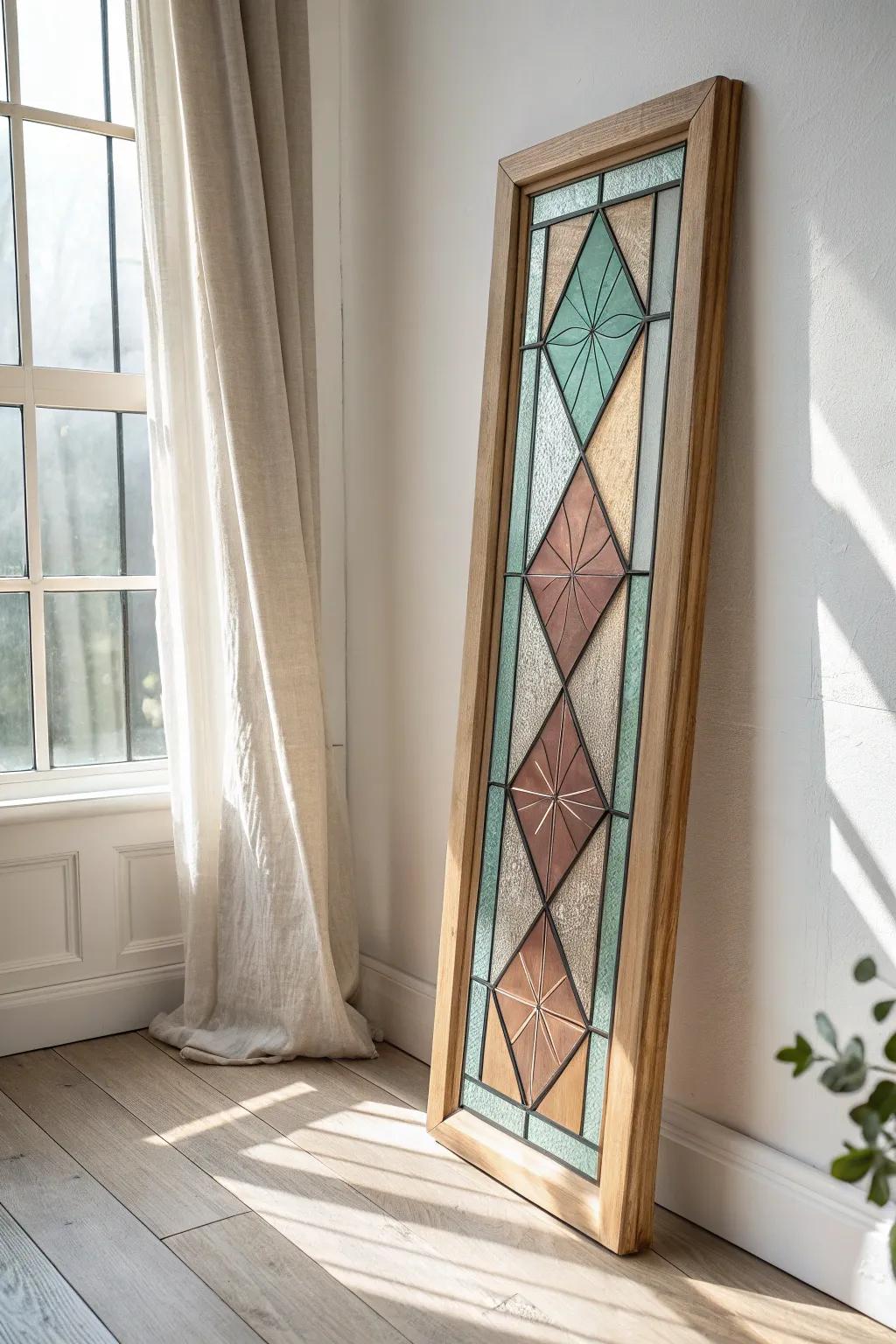 Faux stained-glass panel in a wood frame—sunlit color shadows for instant church charm.