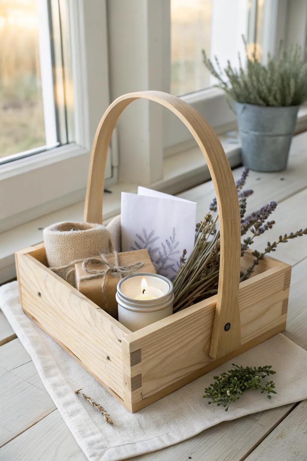 Handmade pine tote basket with sweet guest gifts—simple, warm, and memorable.