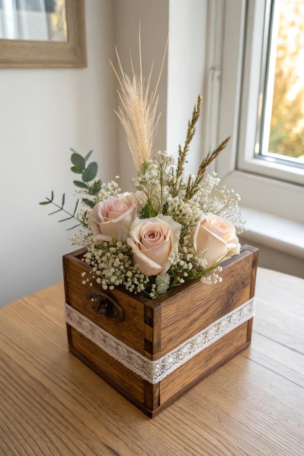 Rustic-romantic cigar box centerpiece wrapped in burlap and lace with soft, airy florals.