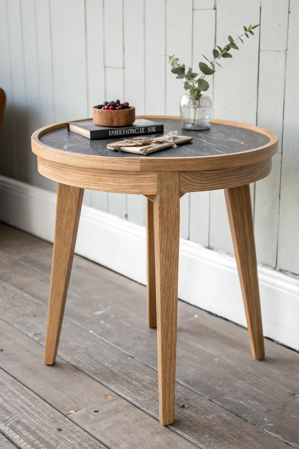 Handmade oak cigar side table with a soapstone heat-safe top and discreet built-in tray.