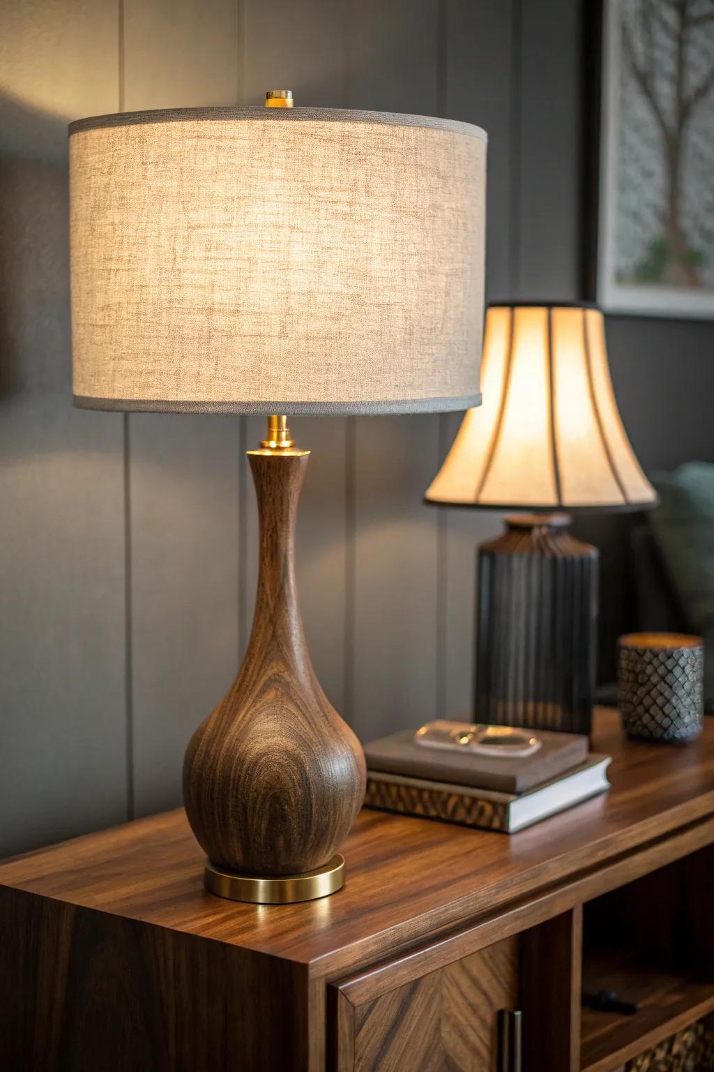 Layered warm glow: a handcrafted walnut lamp with linen shade for moody club elegance.