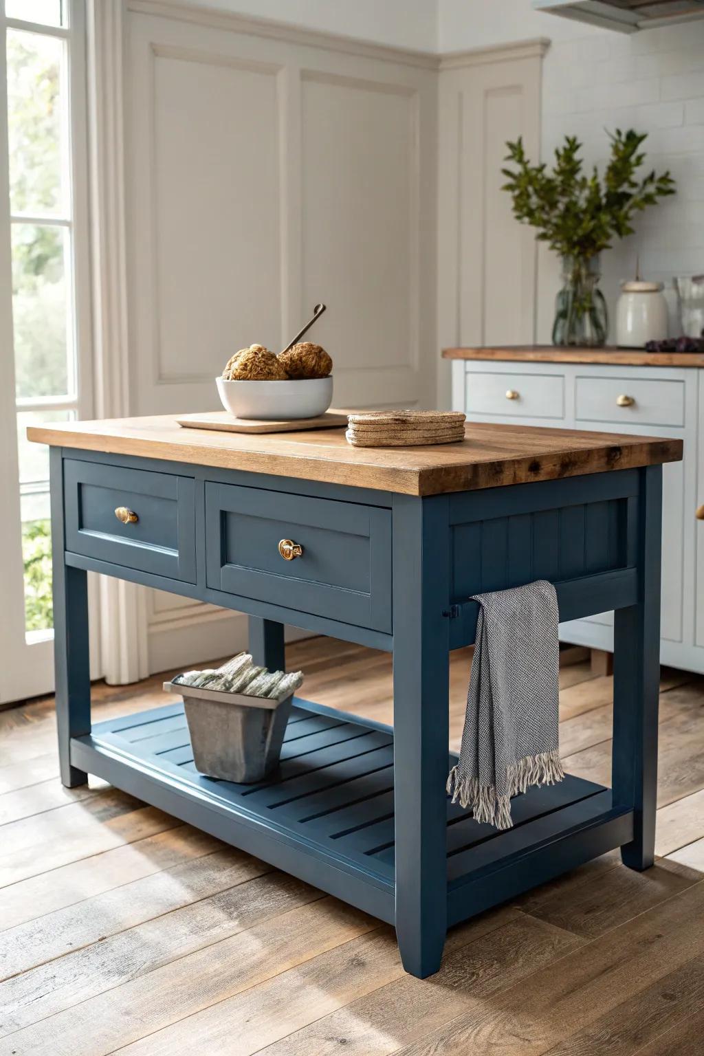 A two-tone island in moody blue and oak brings classic contrast with quiet craftsmanship.