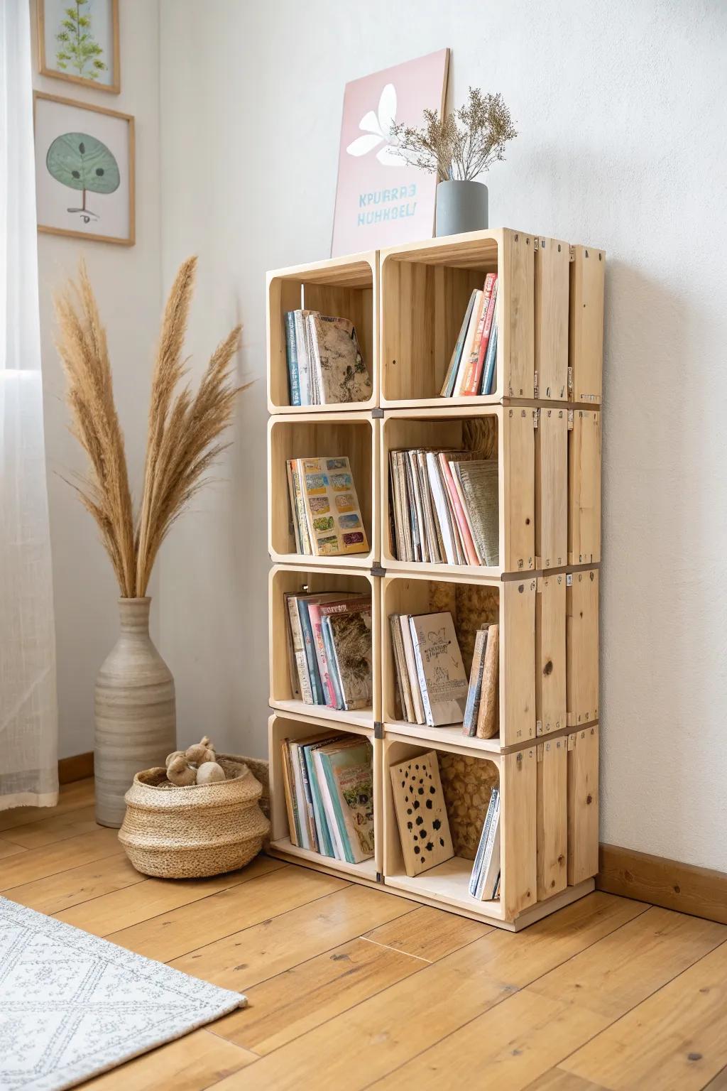 Stacked wooden crate book cubes—budget-friendly, expandable storage with soft sanded edges.