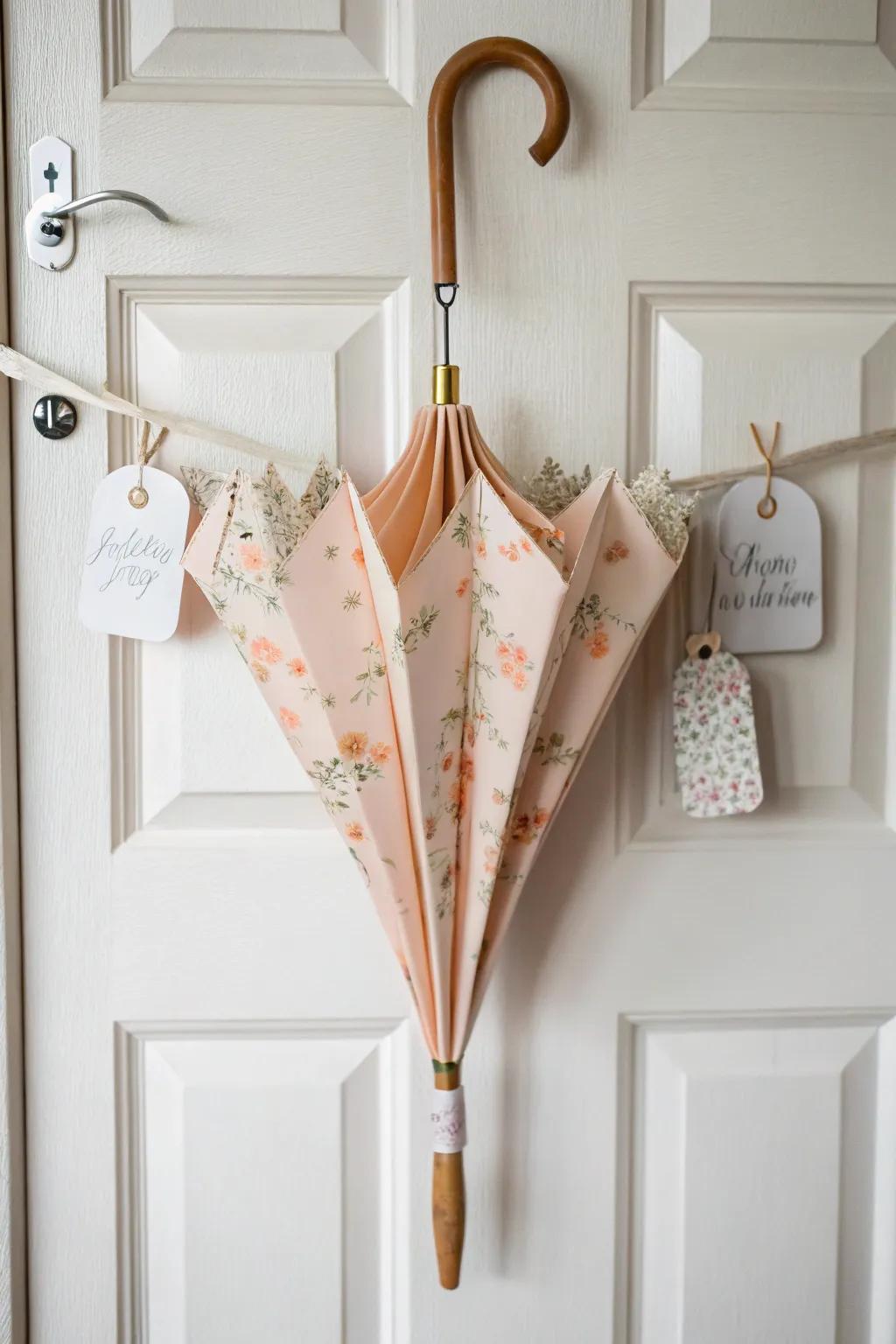 Spring shower umbrella door decor with handcrafted wood handle and dangling raindrop name tags