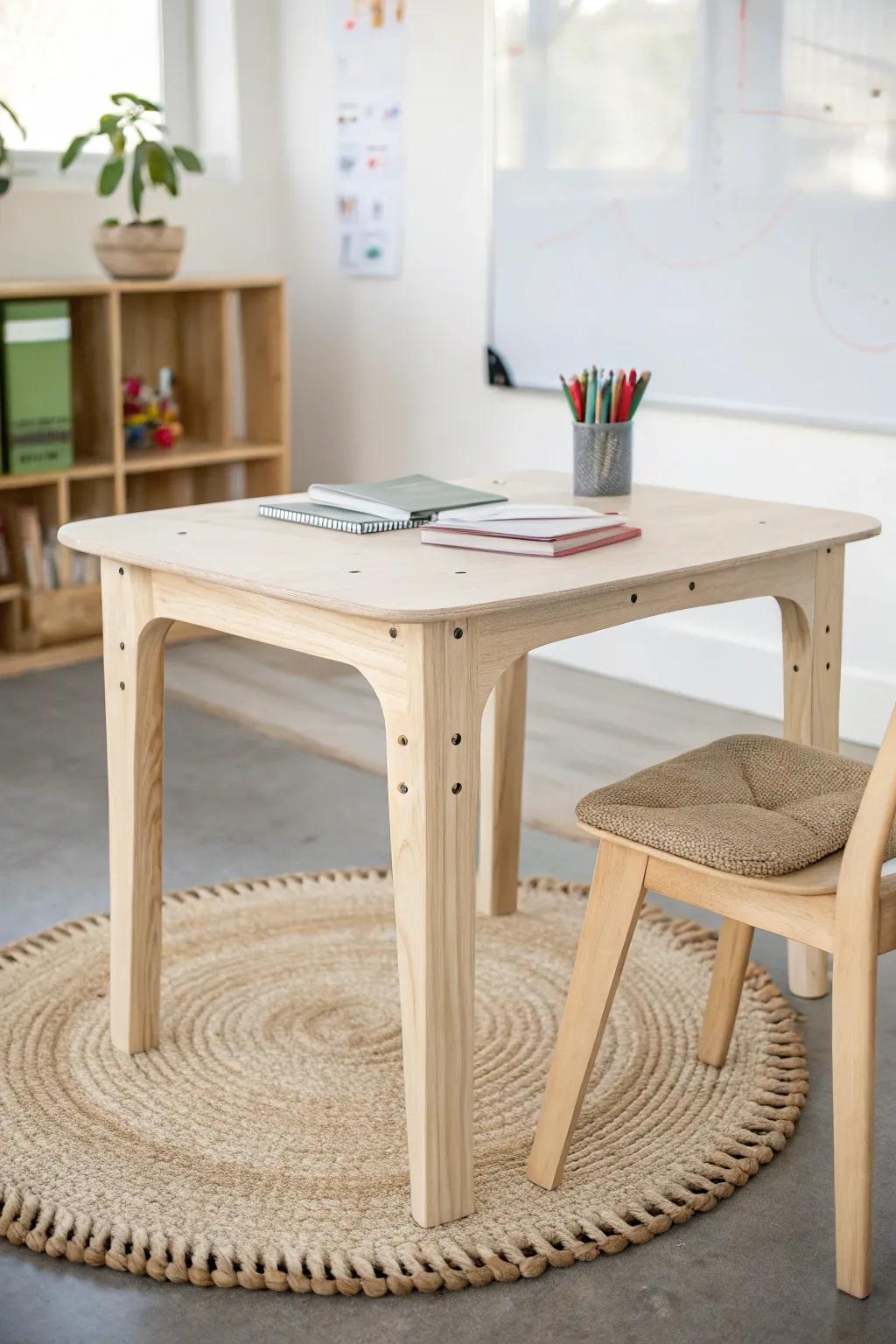 L-shape table cluster in light birch—clear sightlines, cozy collaboration, minimal boho warmth.