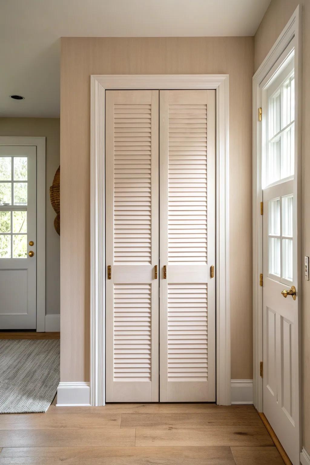 Airy louvered bi-fold doors with brass pulls—ideal for small closets that need breathing room.