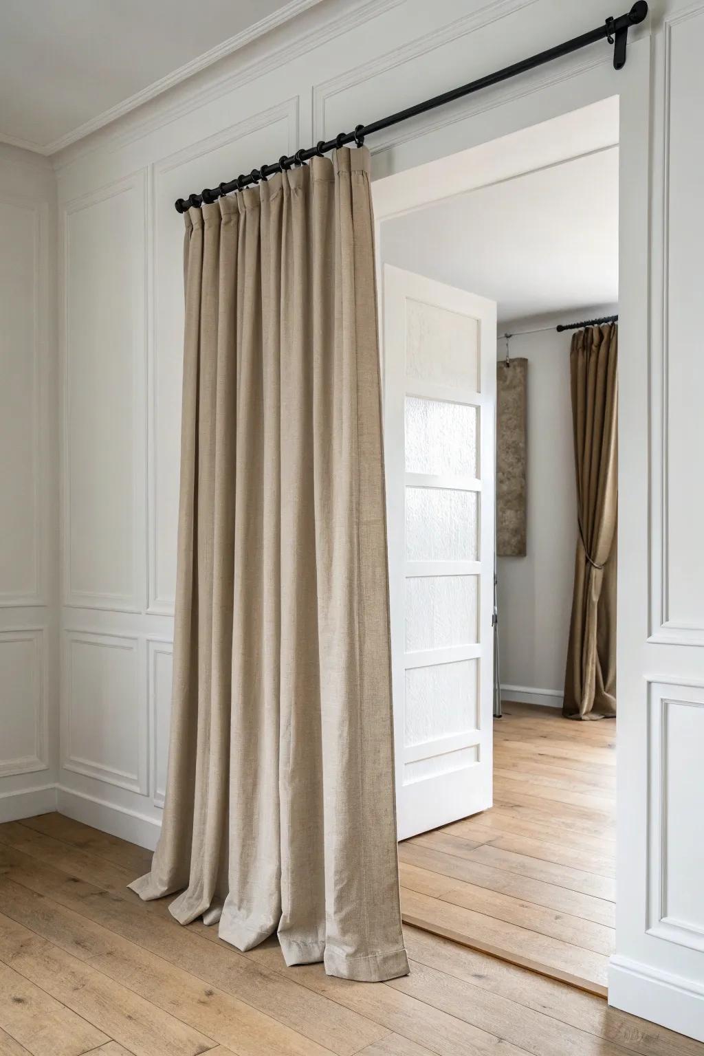 Cozy closet upgrade: layered linen curtain panels on a sleek rod for a soft, tidy finish.