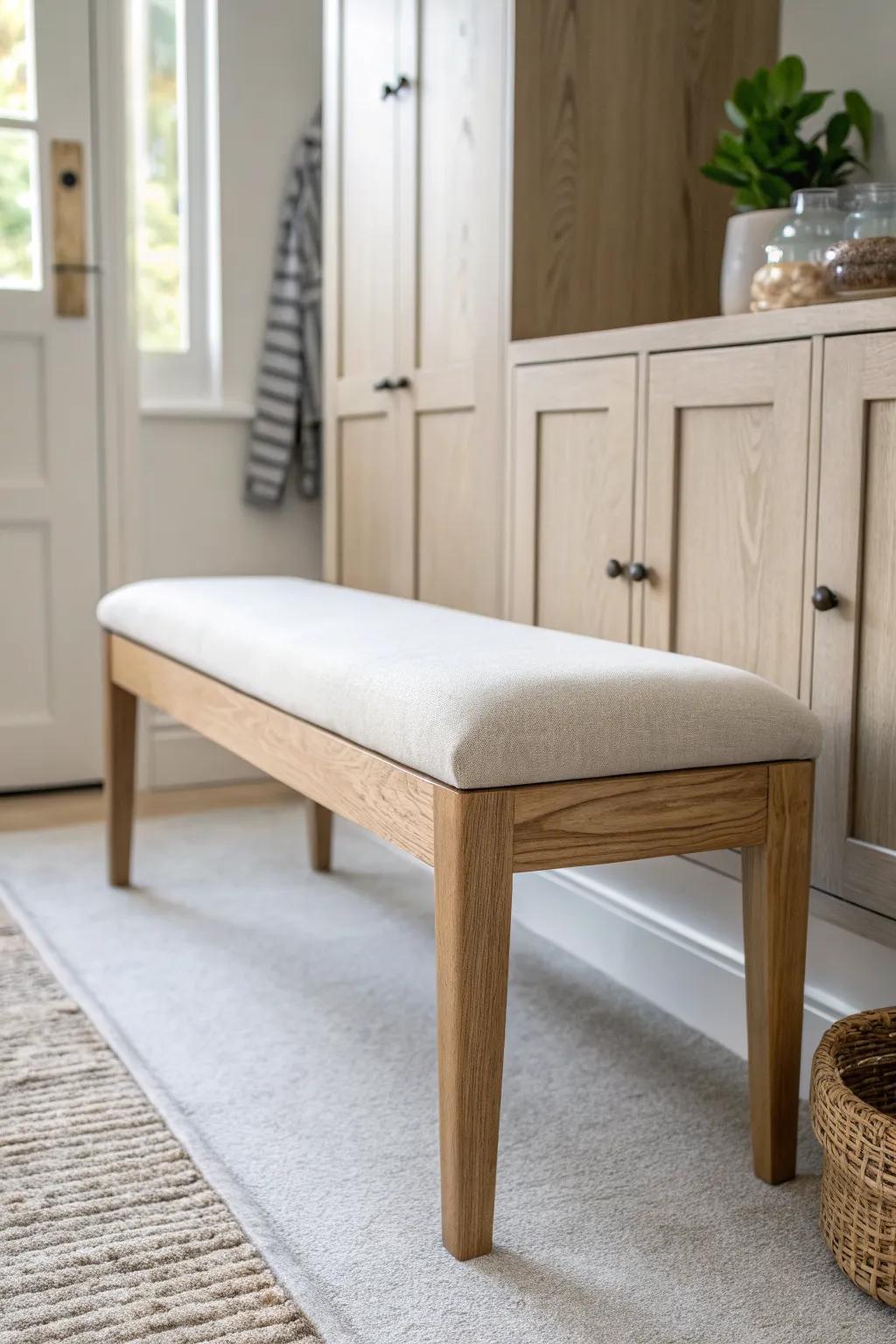 A matching oak island-side bench adds warmth, comfort, and a built-in spot to sit.