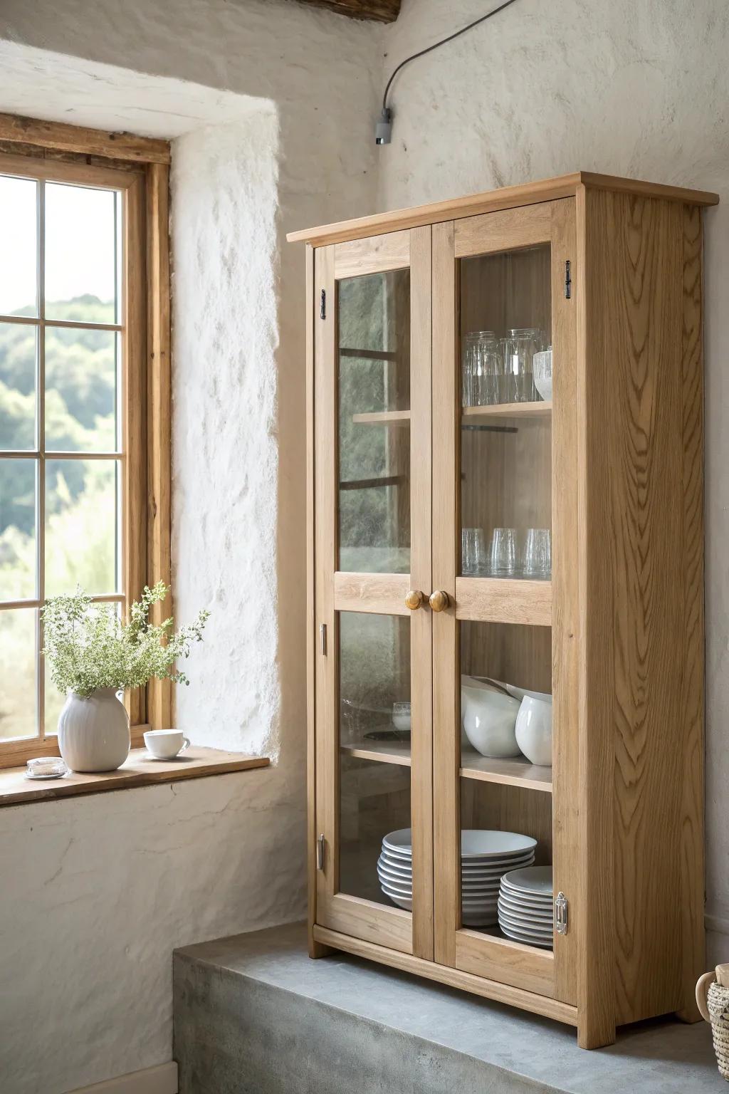 Glass-front uppers in light oak let coastal kitchens feel bright, open, and beautifully airy.